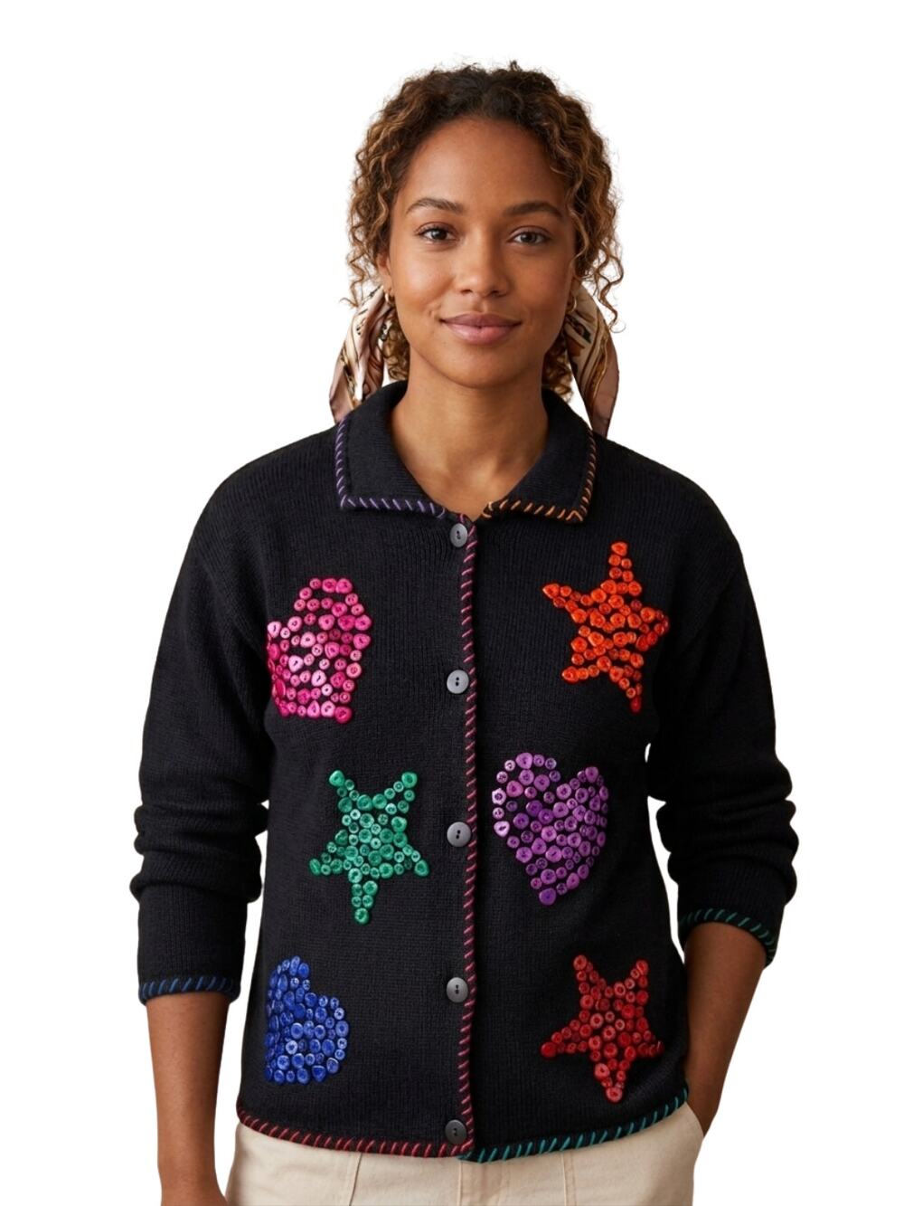 Vintage Multicolor Black Button Front Cardigan L Dopamine Fun Hearts Stars Artsy